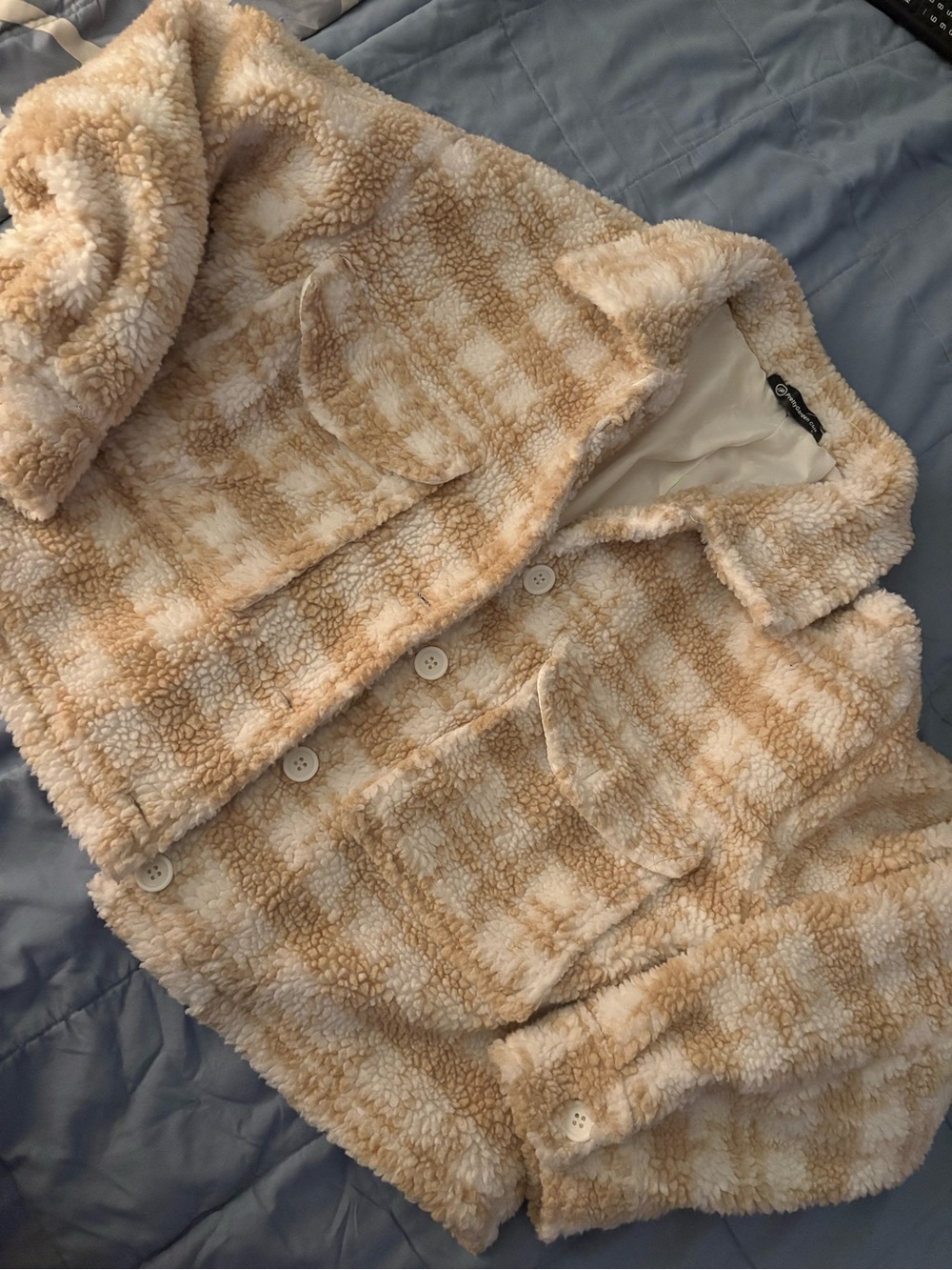 Plush Cream & Tan Sherpa Button-Front Puffer Jacket